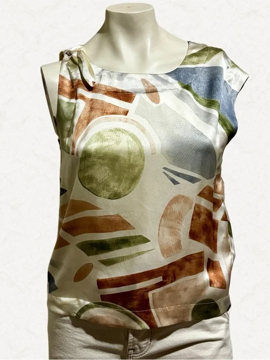 Anthro Maeve 100% Silk Geometric Tie Shoulder Blouse XS Boho - Picture 3 of 8